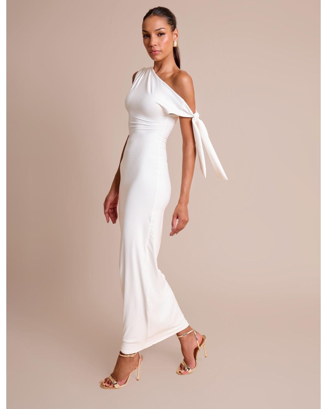 Public Desire Knot Detail Asymmetric One Shoulder Luxe Slinky Maxi Dress White