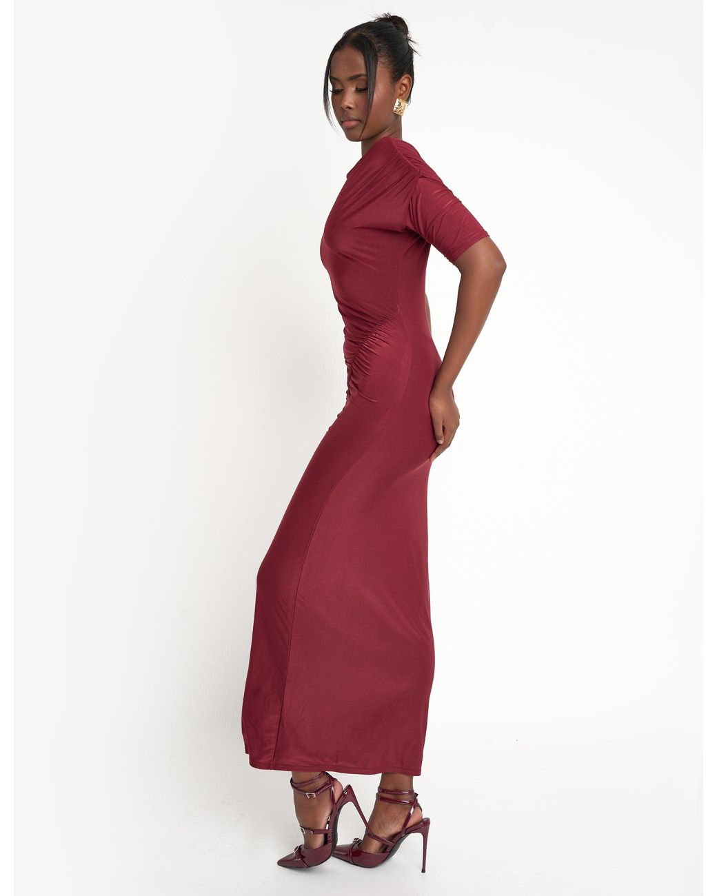 Public Desire Red Slinky Ruched Detail Maxi Dress Burgundy