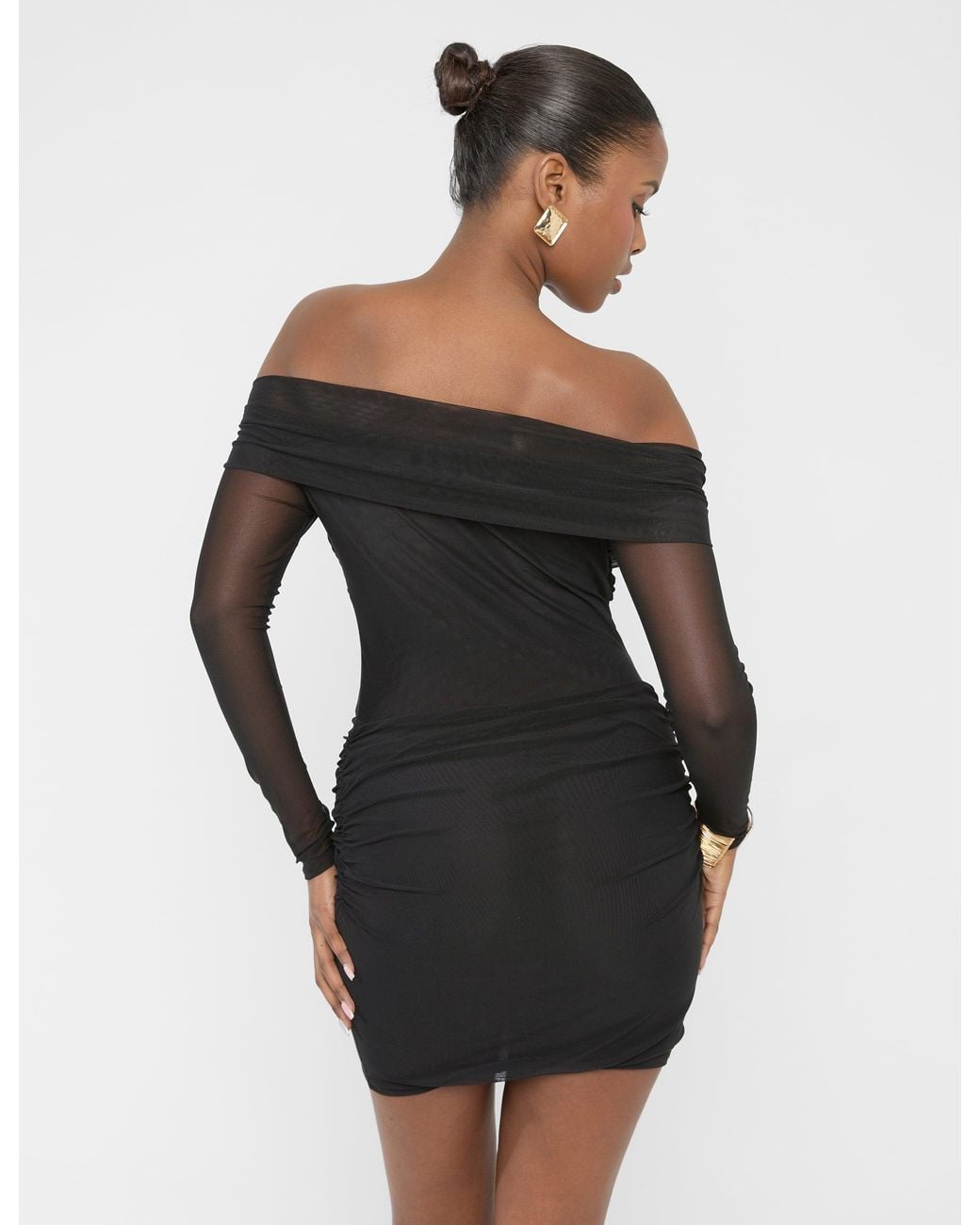 Public Desire Mesh Panel Off Shoulder Long Sleeve Mini Dress Black