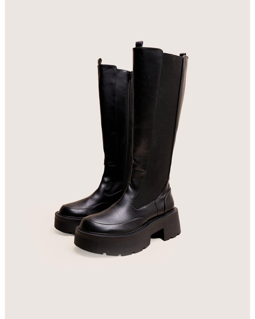 Public Desire Evergreen Black Knee High Elasticated Detail Chunky Heeled Sole Boots