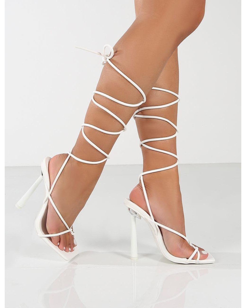 Public Desire Lacey Wide Fit White Pu Square Toe Strappy Lace Up Heels