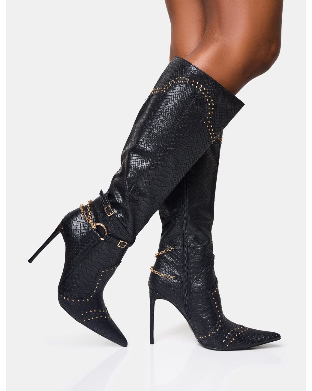 Public Desire Main Character Embellished Vintage Black Pointed Toe Stiletto Boots