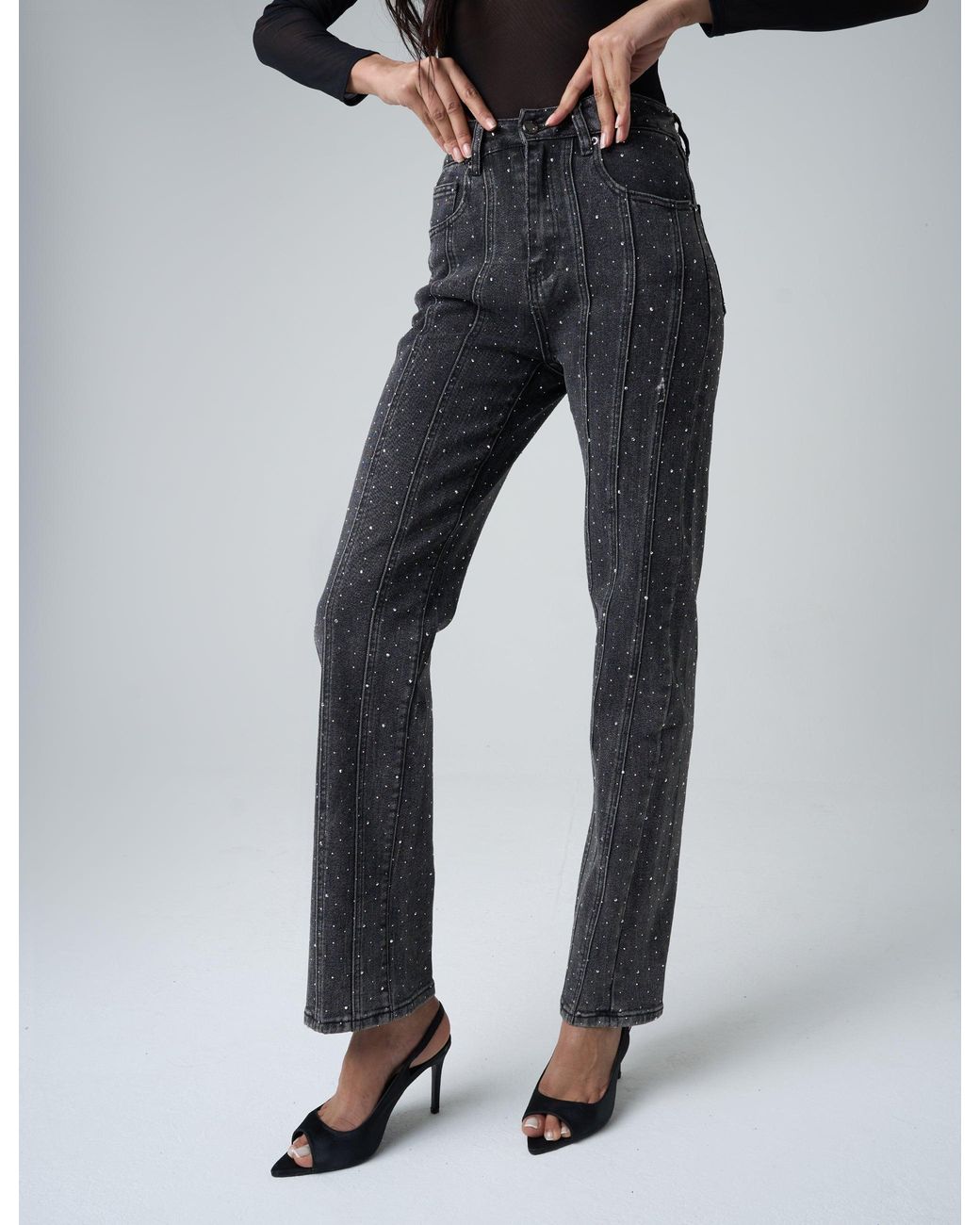 Public Desire Multicolor Embellished Straight Leg High Waisted Jeans Black