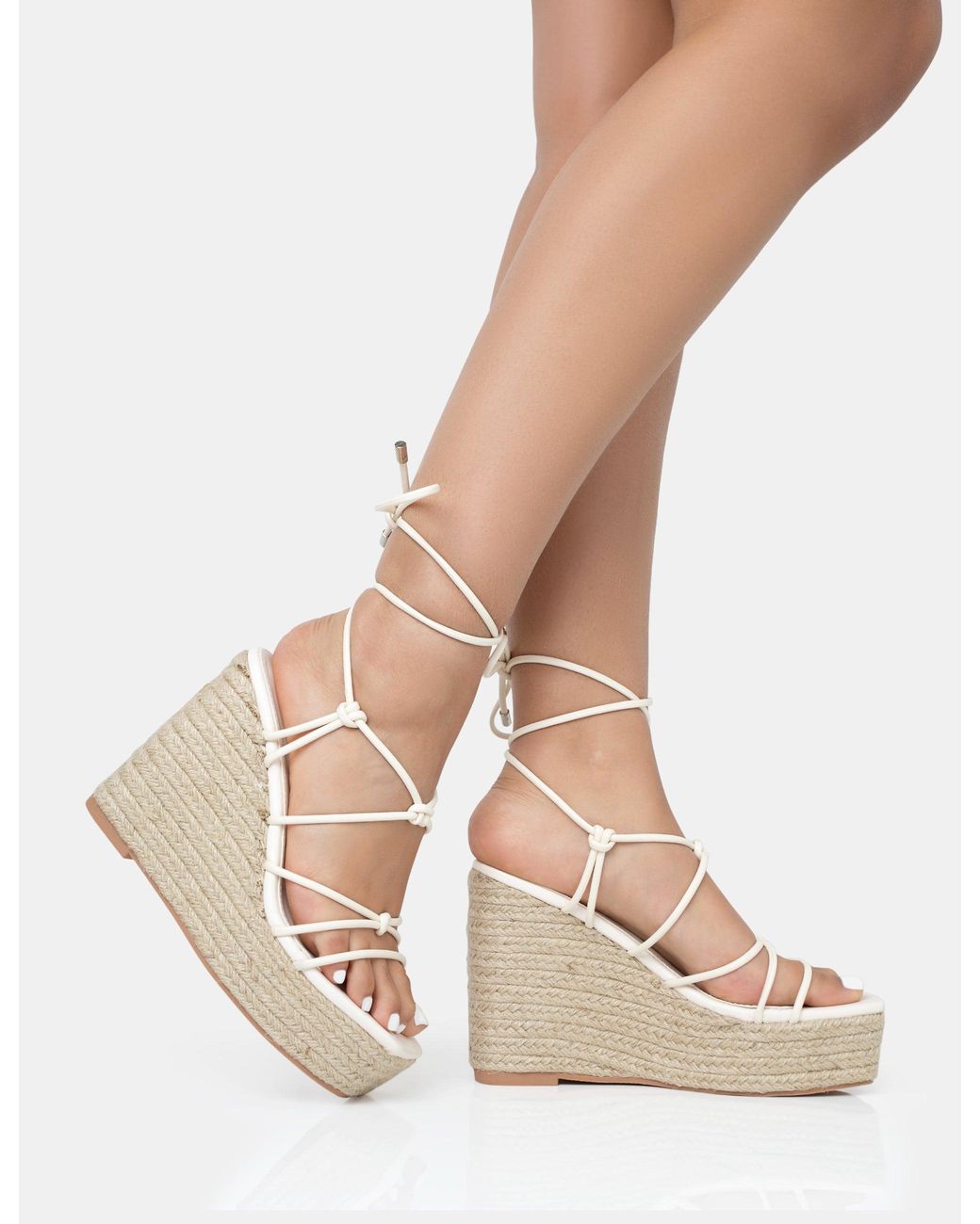 Public Desire Natural Islander Ecru Lace Up Square Toe High Heeled Sandal Esparille Wedges