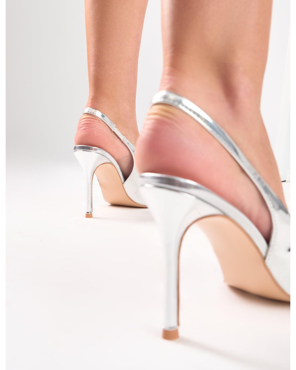 Public Desire White Floss Mirror Silver Diamante Embellished Sling Back Court Heels