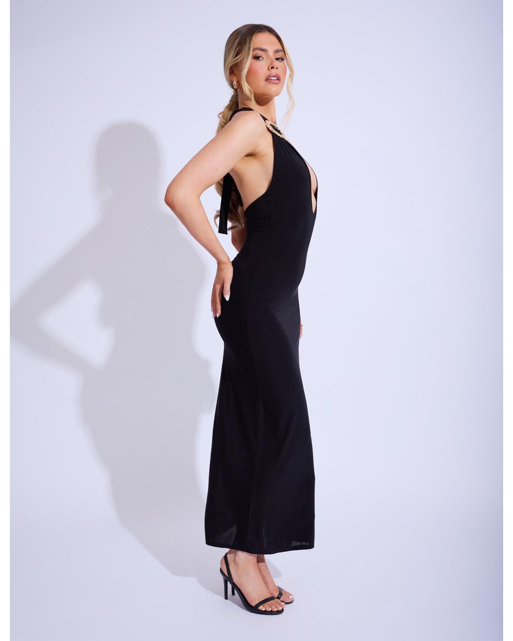 Public Desire Blue Gold Trim Super Plunge Maxi Dress Black