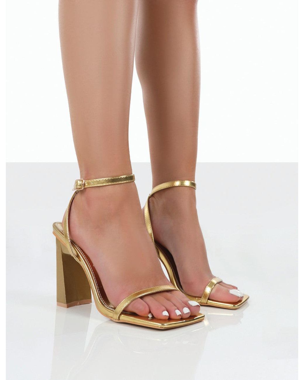 London Rebel Wide Fit block heeled sandal in gold | ASOS