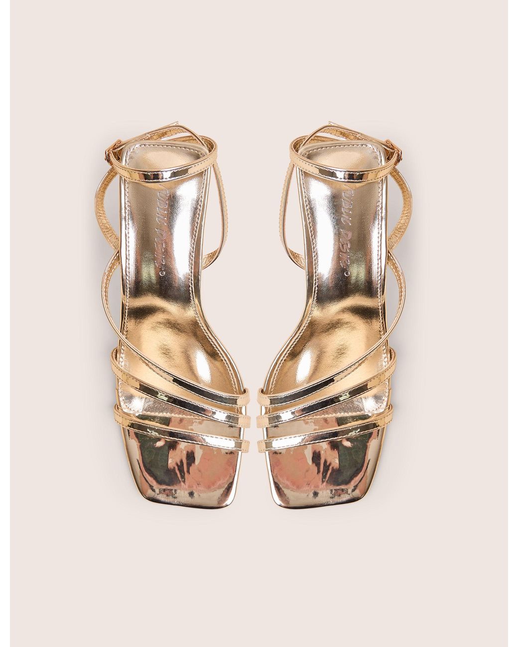 Public Desire Brown Robin Gold Strappy Square Toe Mid Block Heels