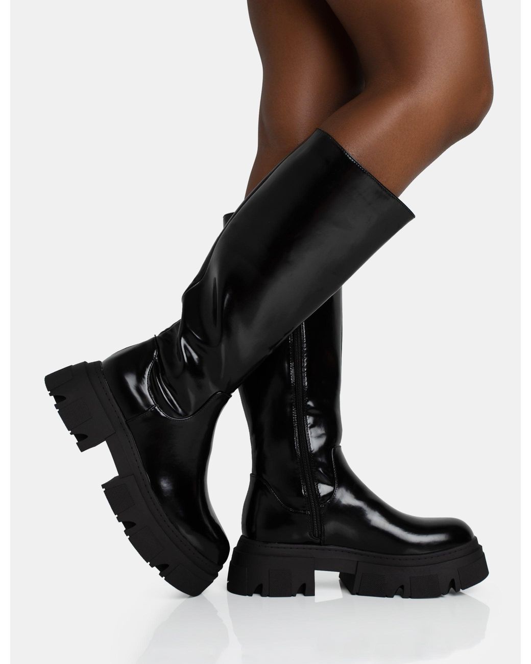 Public Desire Scorpio Black Rubberised Pu Rounded Toe Chunky Sole Knee High Boots