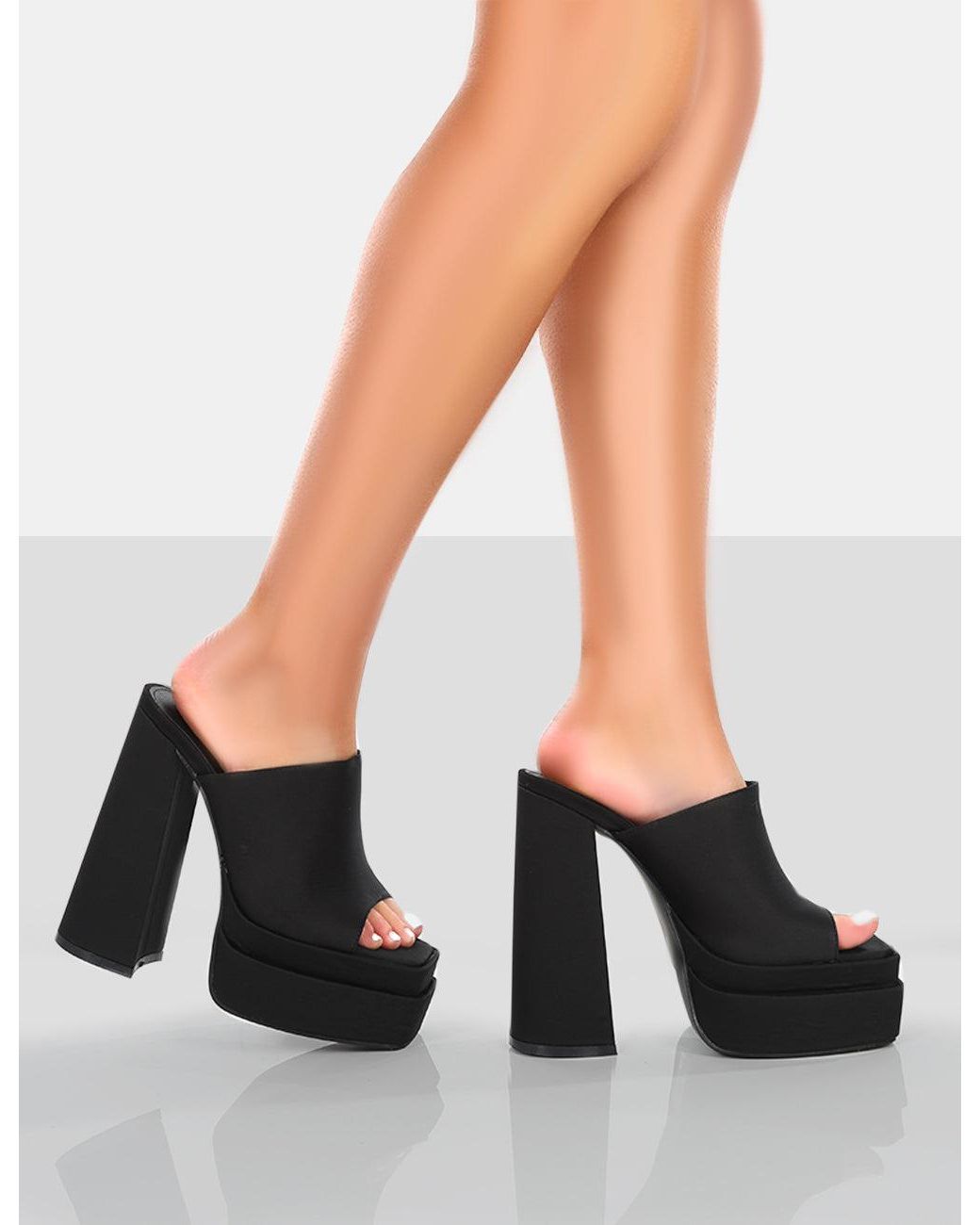 Public Desire Skyhigh Black Satin Chunky Platform High Heeled Mules | Lyst