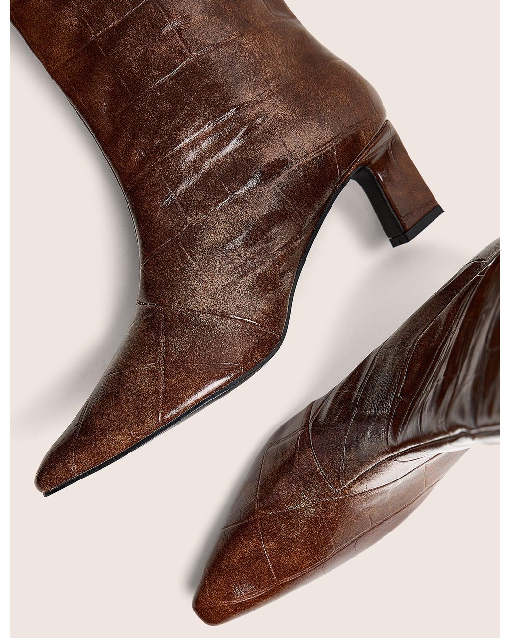 Public Desire Brown Boomer Tan Croc Pointed Toe Knee High Mid Heel Boots