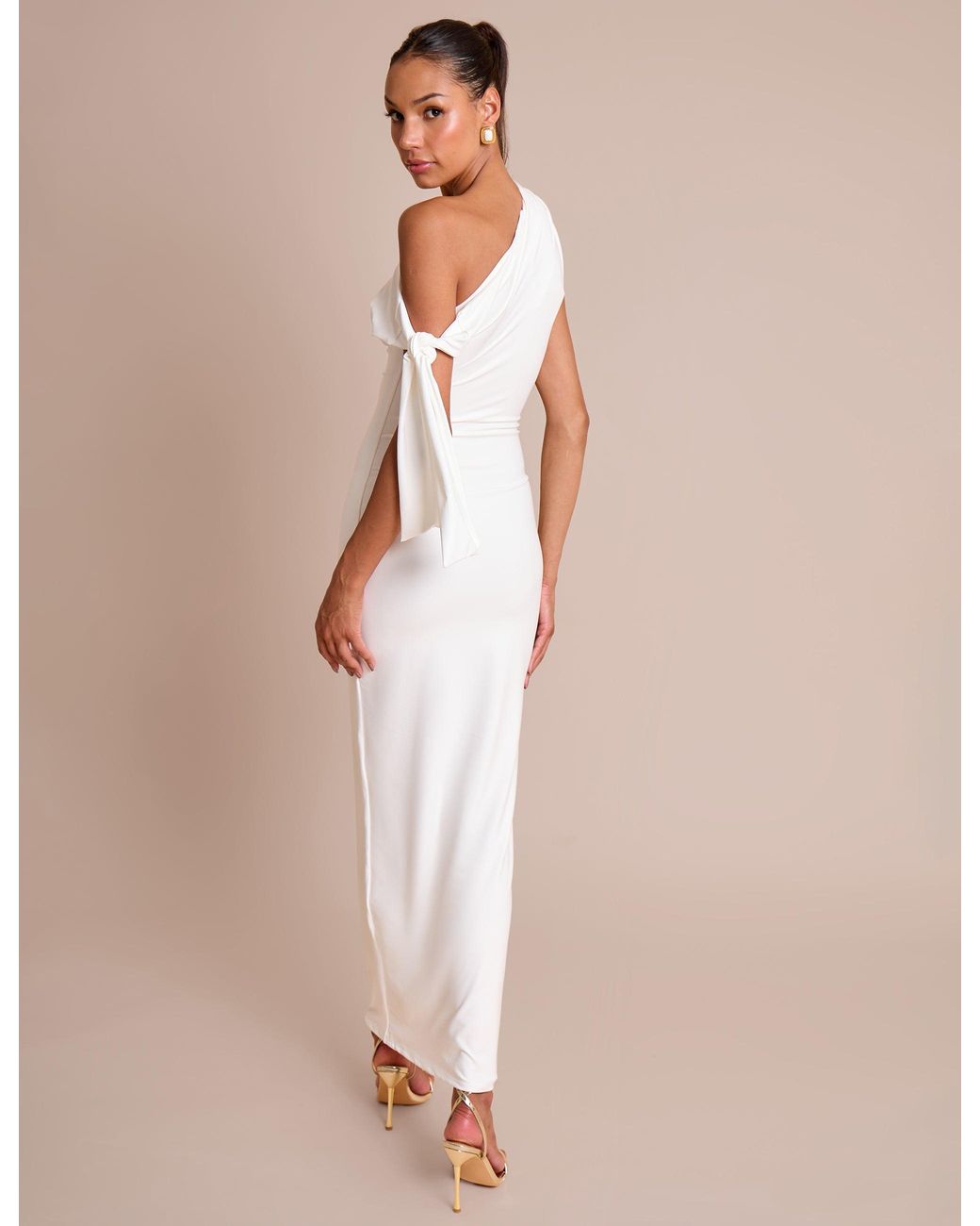 Public Desire Knot Detail Asymmetric One Shoulder Luxe Slinky Maxi Dress White