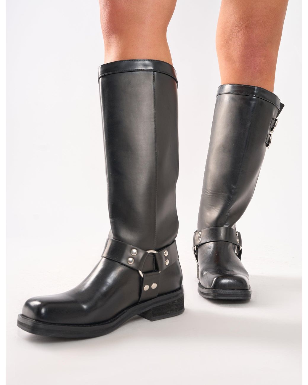 Public Desire Sirius Black Vintage Buckle Knee Hight Flat Boots