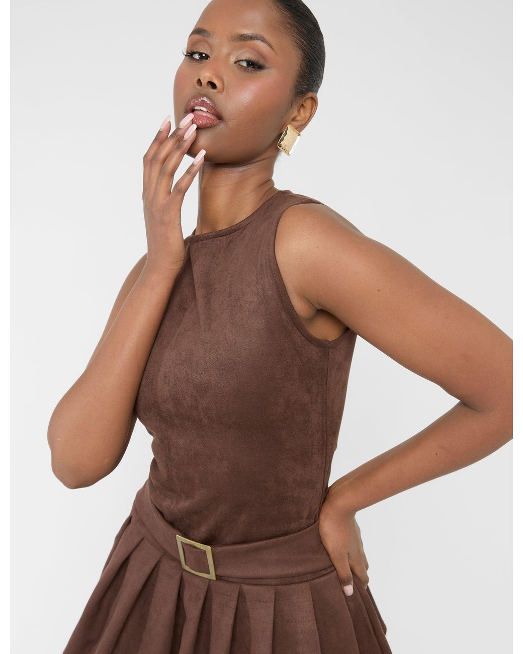 Public Desire Suedette Buckle Detail Pleated Mini Dress Brown