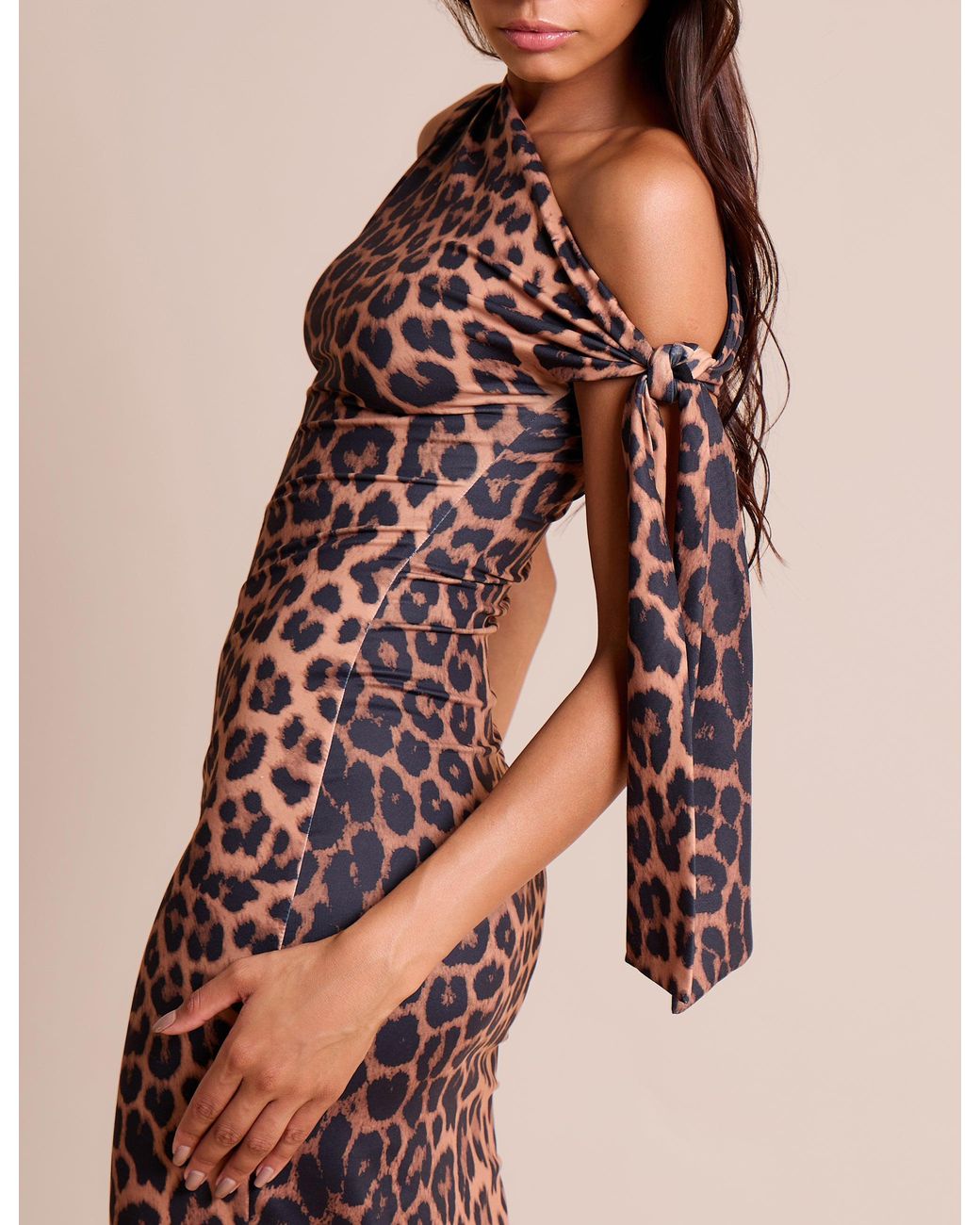 Public Desire Natural Knot Detail Asymmetric One Shoulder Luxe Slinky Maxi Dress Leopard