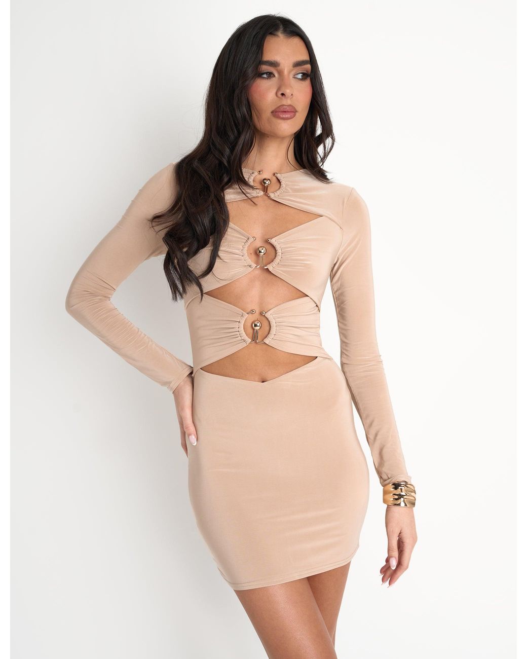 Public Desire Natural Slinky Metal Detail Long Sleeve Mini Dress Stone