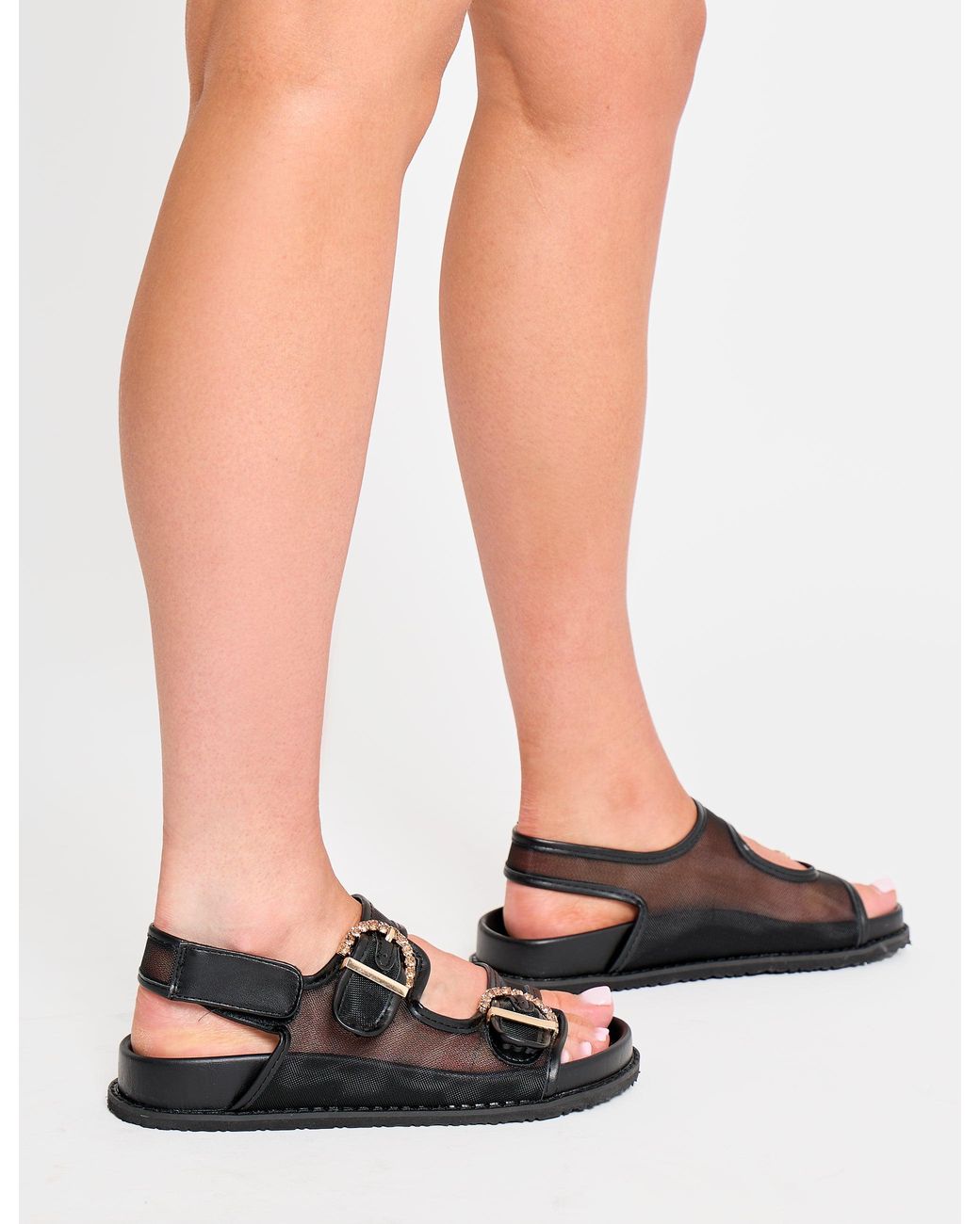 Public Desire White Fuda Black Mesh Diamante Buckle Detail Back Strap Sandals