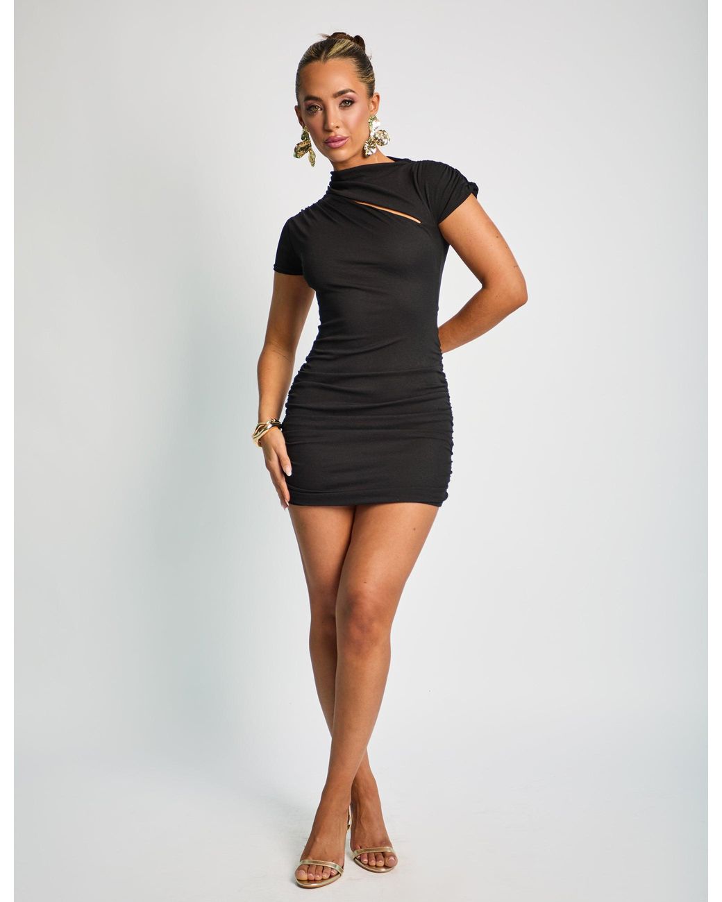 Public Desire Slit Detail Cap Sleeve Mini Dress Black