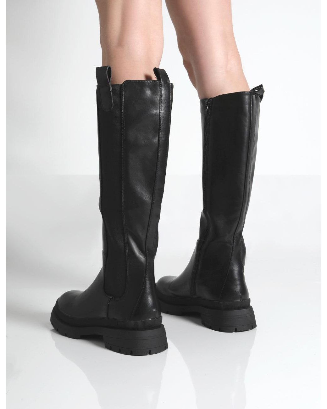 Public Desire Balya Black Pu Pointed Toe Chunky Sole Knee High Boots | Lyst
