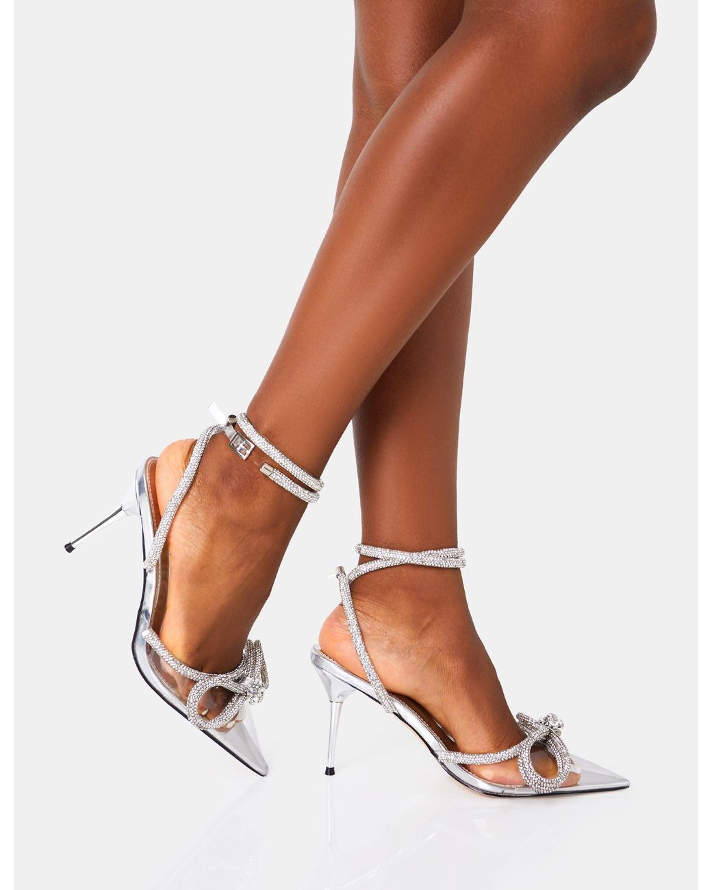 Public Desire Purple Midnight Clear Perspex Wrap Around Diamante Bow Pointed Toe Mid Heel