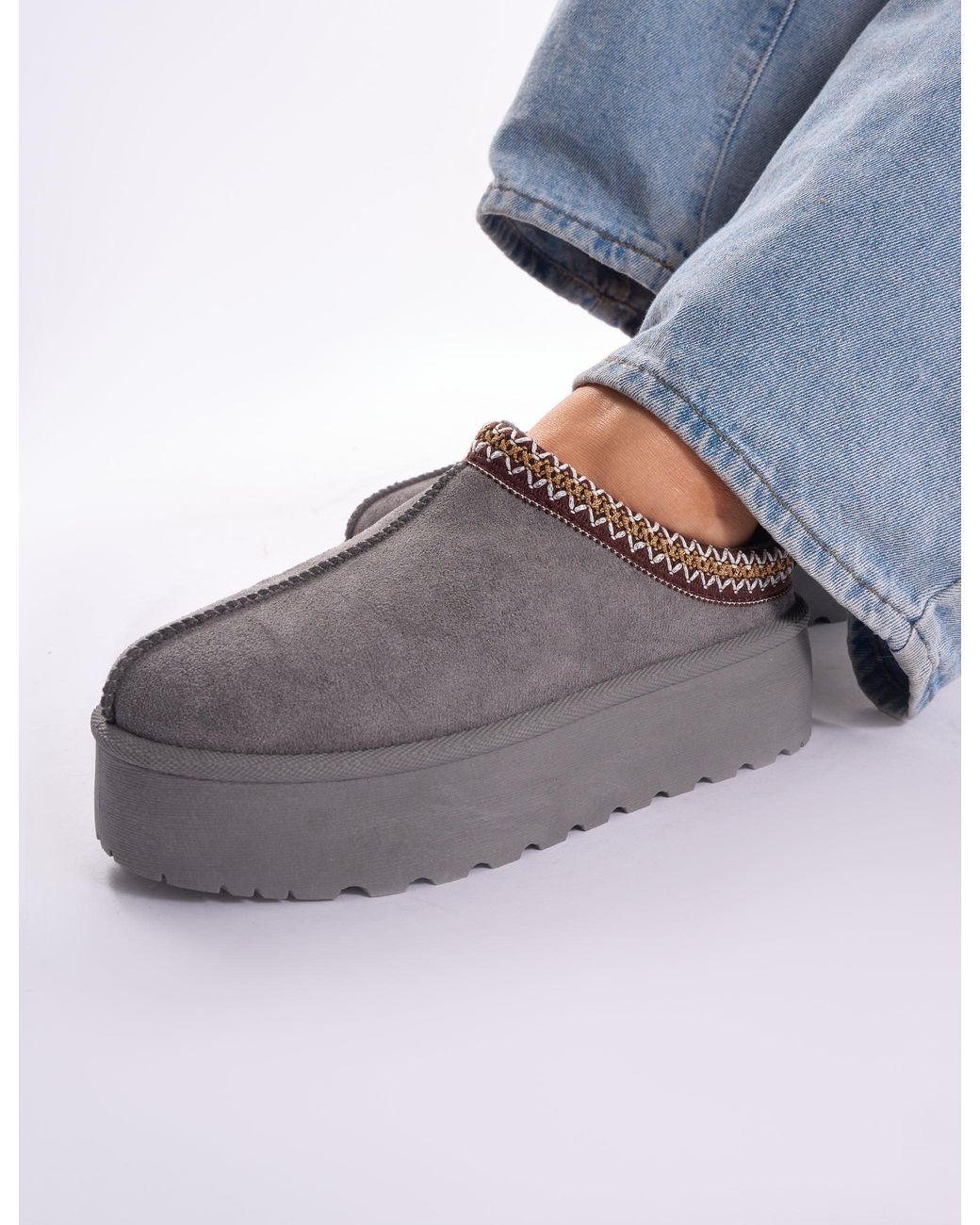 Public Desire Blue Nutmeg Grey Faux Fur Lined Platform Mules