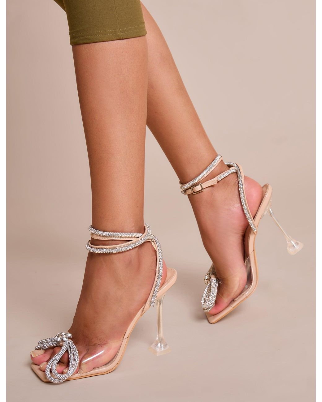 Public Desire Multicolor Glimmer Nude Wrap Around Diamante Bow Square Toe Heels