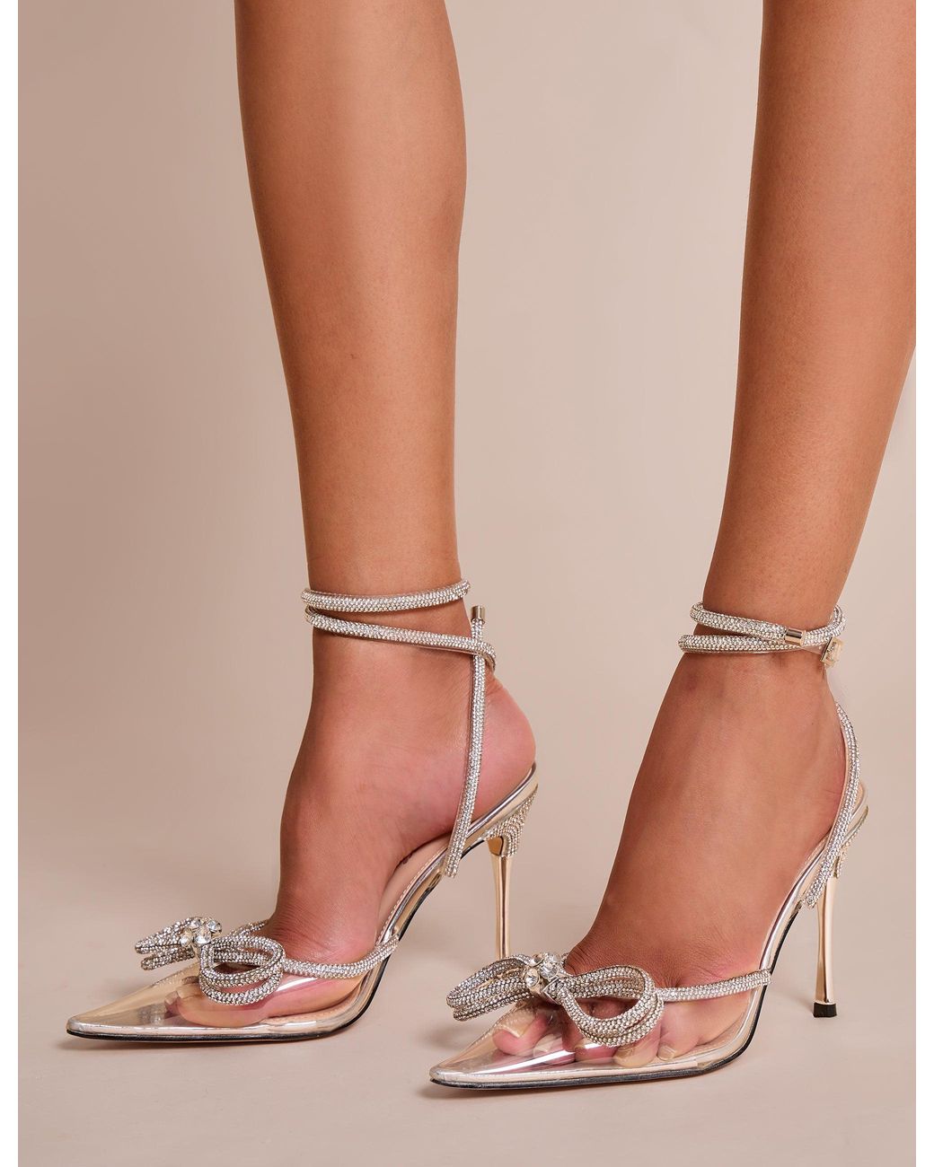 Public Desire Brown Midnight Clear Perspex Wide Fit Wrap Around Sparkly Diamante Bow Pointed Toe High Heel