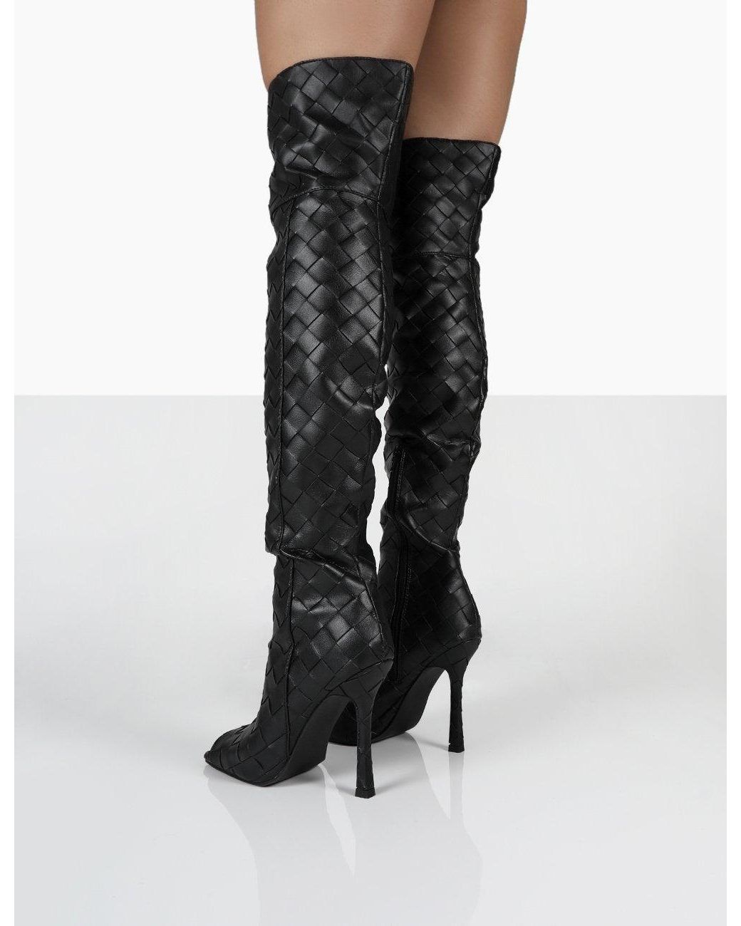 open toe black knee high boots
