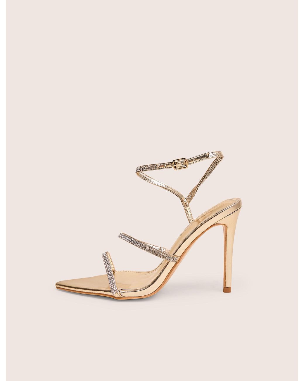Public Desire Natural Seductive Gold Mirror Pu Diamante Strap Pointed Toe Stiletto High Heels