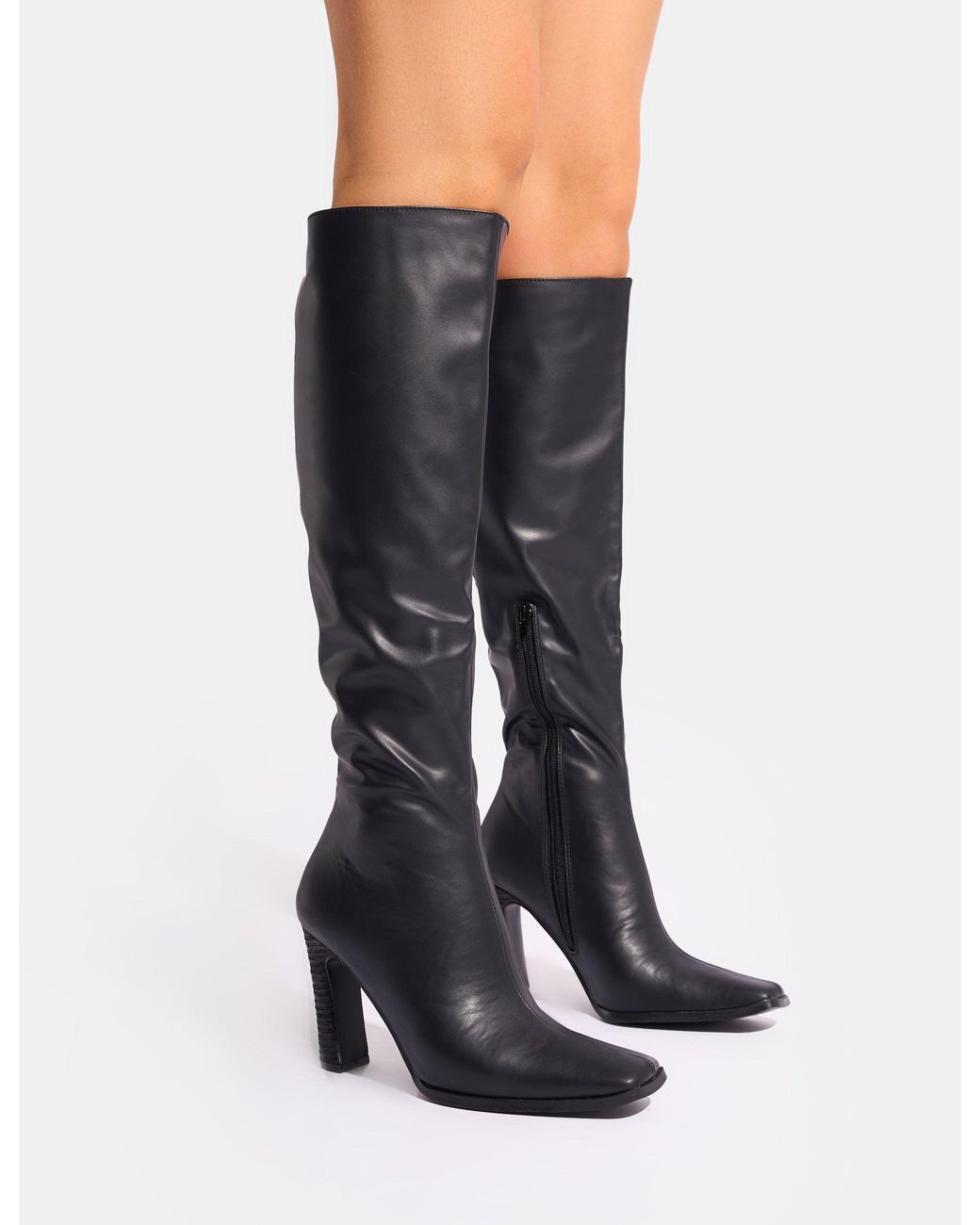 Public Desire Blue Acquilla Black Knee High Flared Heel Boots