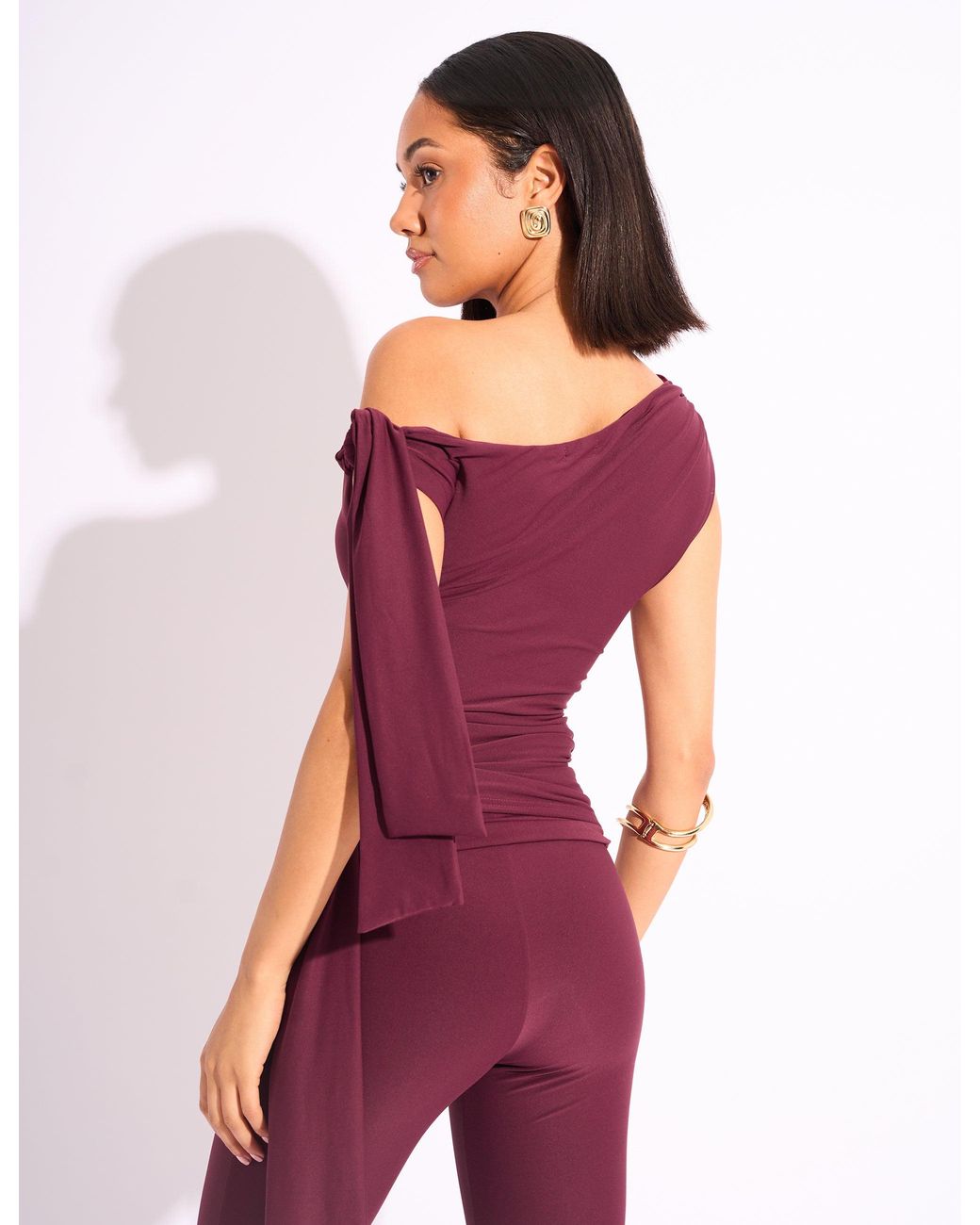 Public Desire Purple Knot Detail Asymmetric One Shoulder Luxe Slinky Top Burgundy