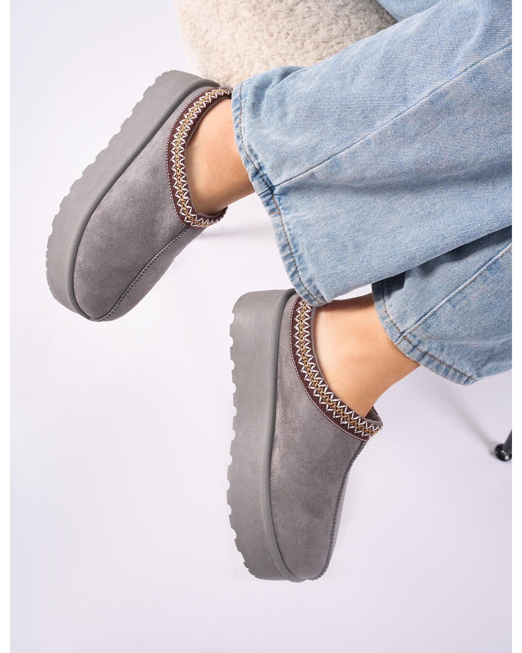 Public Desire Blue Nutmeg Grey Faux Fur Lined Platform Mules