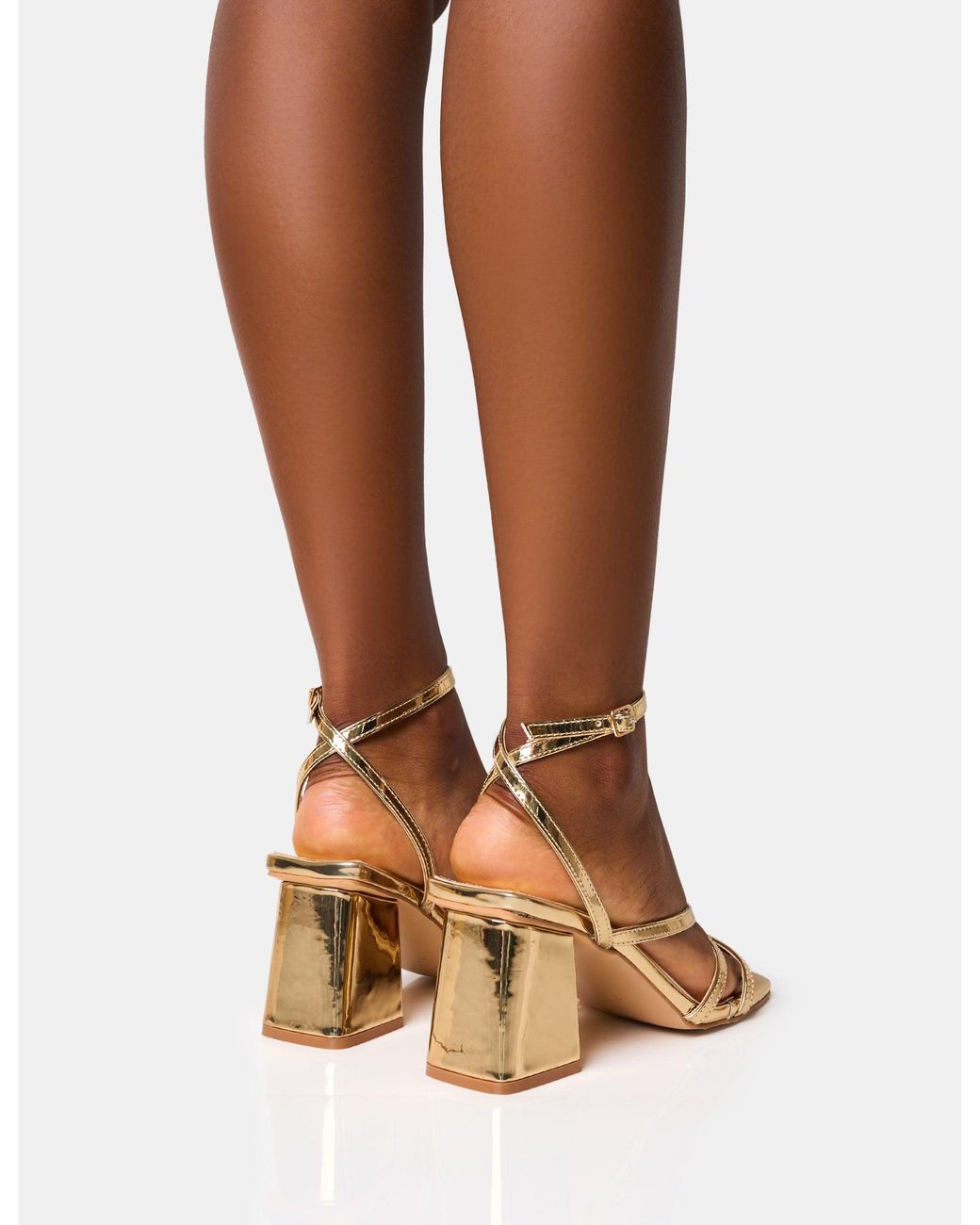 Public Desire Brown Robin Gold Strappy Square Toe Mid Block Heels