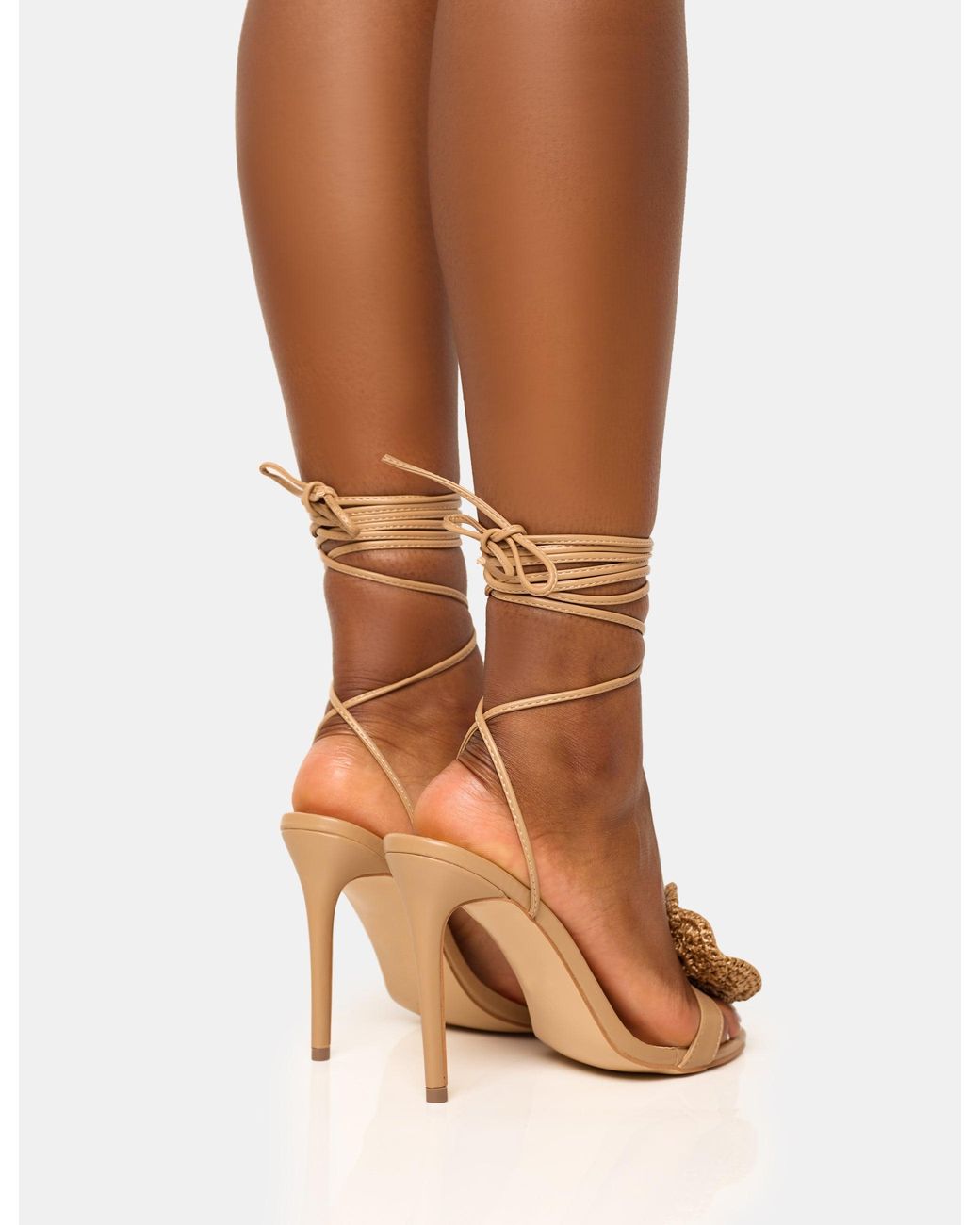 Public Desire Brown Karla Natural Raffia Flower Barely There Lace Up Stiletto Heel