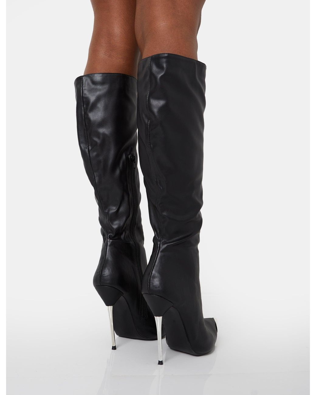 Public Desire Finery Black Pu Metal Toe Capped Zip Up Knee High Stiletto Boots