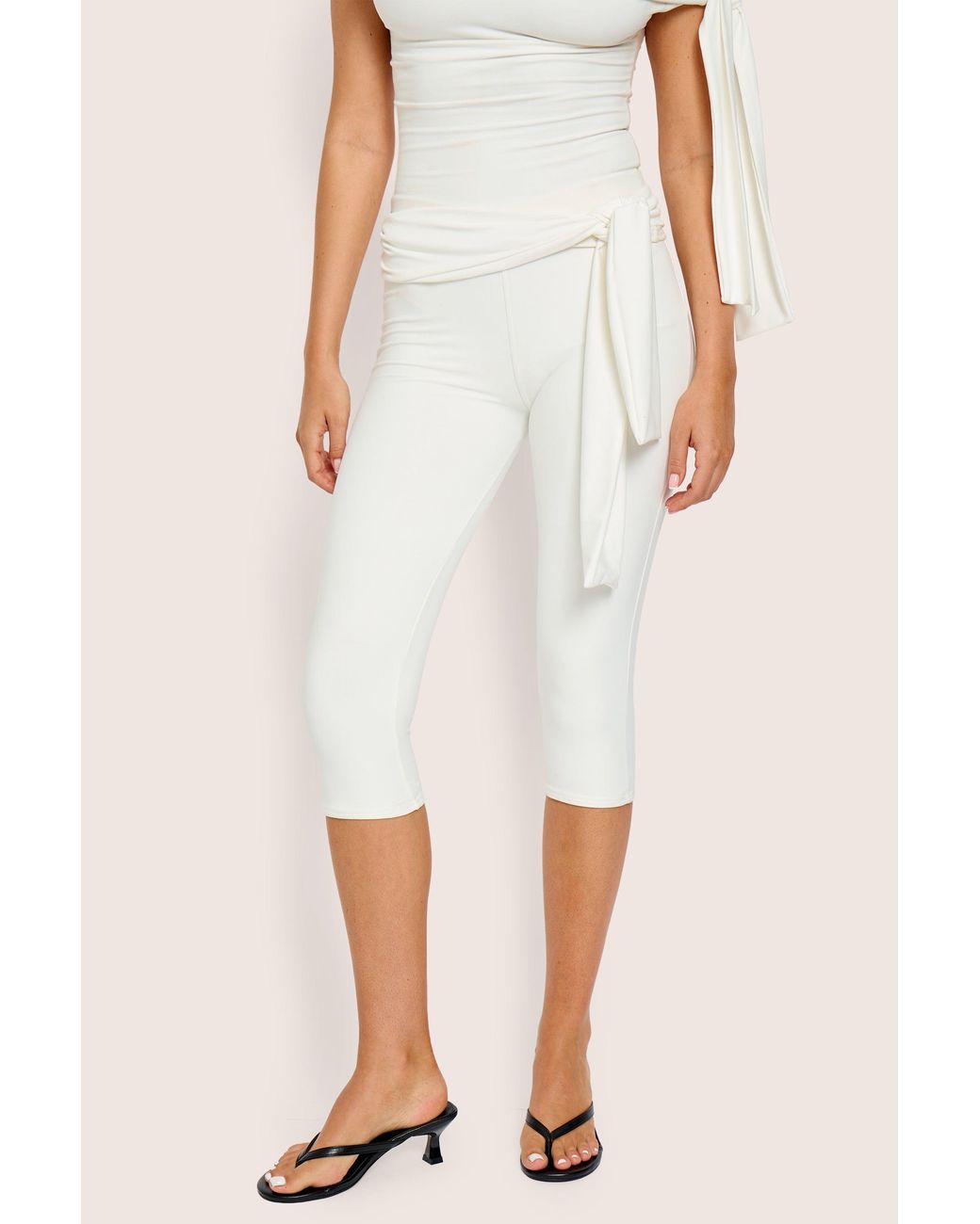 Public Desire Natural Knot Detail Tie Side Luxe Slinky Capri Pants White