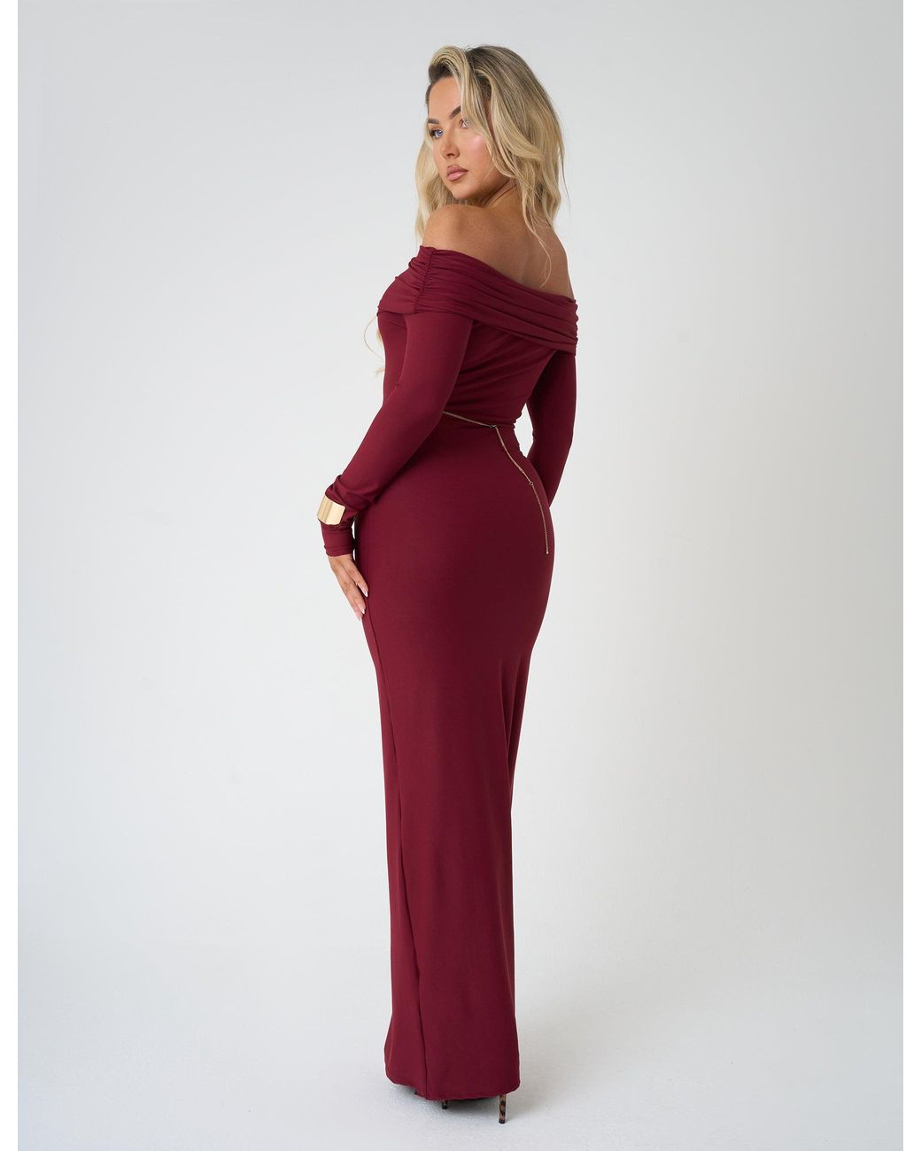 Public Desire Red Bardot Luxe Slinky Maxi Dress Burgundy