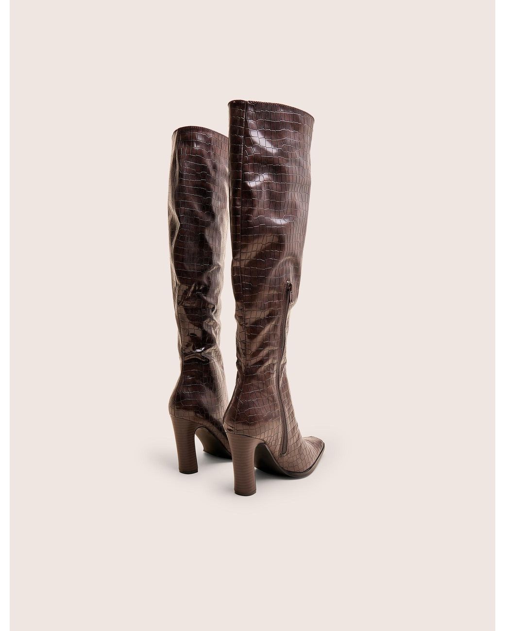 Public Desire Multicolor Acquilla Brown Croc Knee High Flared Heel Boots