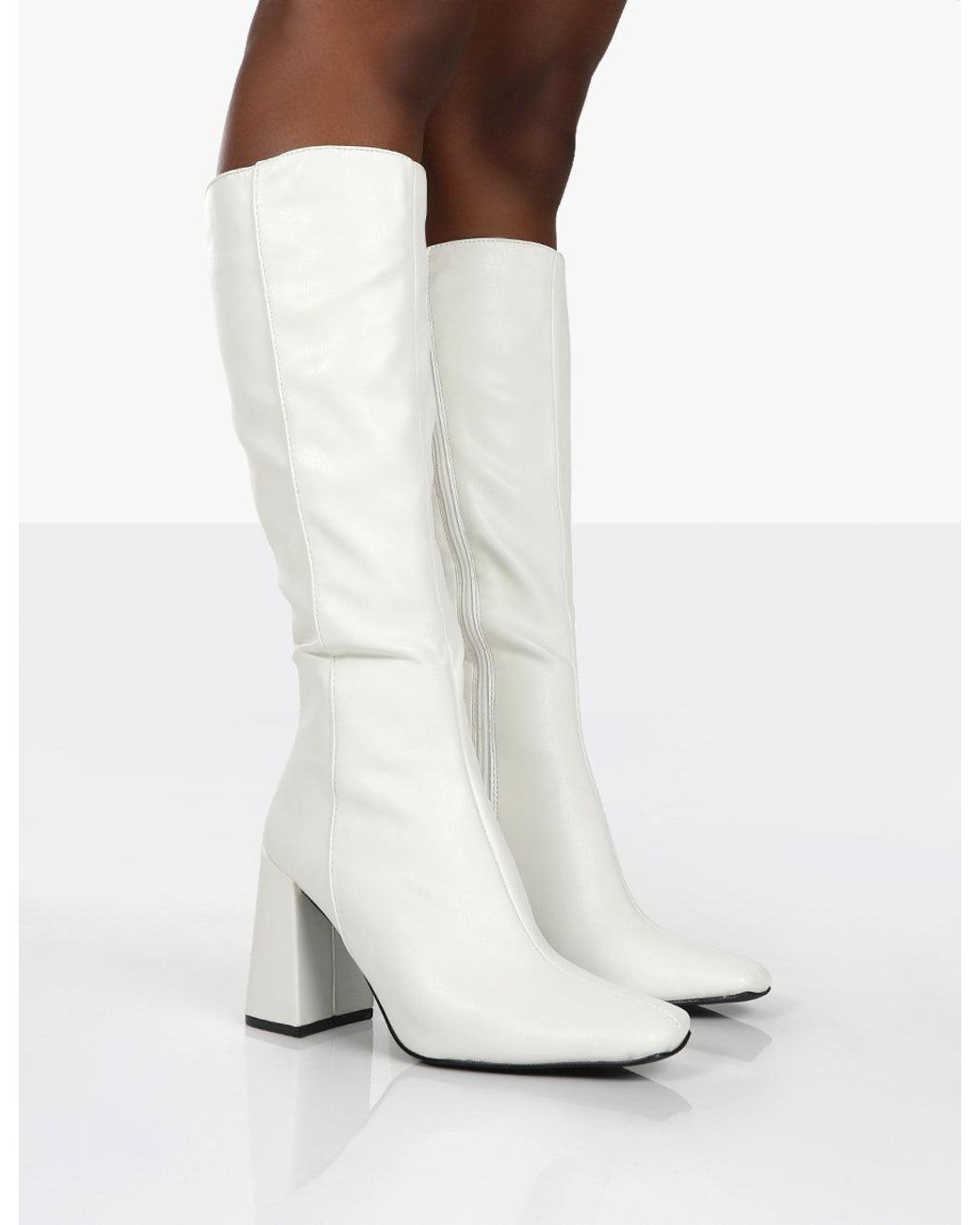 Public Desire Apology White Pu Knee High Block Heel Boots