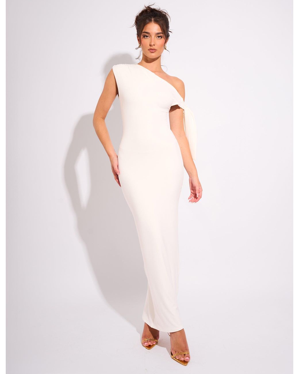 Public Desire Knot Detail Asymmetric One Shoulder Luxe Slinky Maxi Dress White