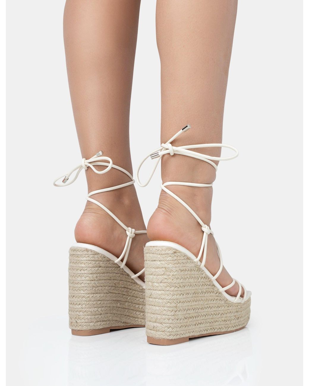 Public Desire Natural Islander Ecru Lace Up Square Toe High Heeled Sandal Esparille Wedges