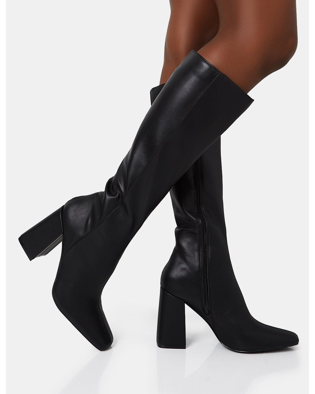 Public Desire Apology Black Pu Knee High Block Heel Boots