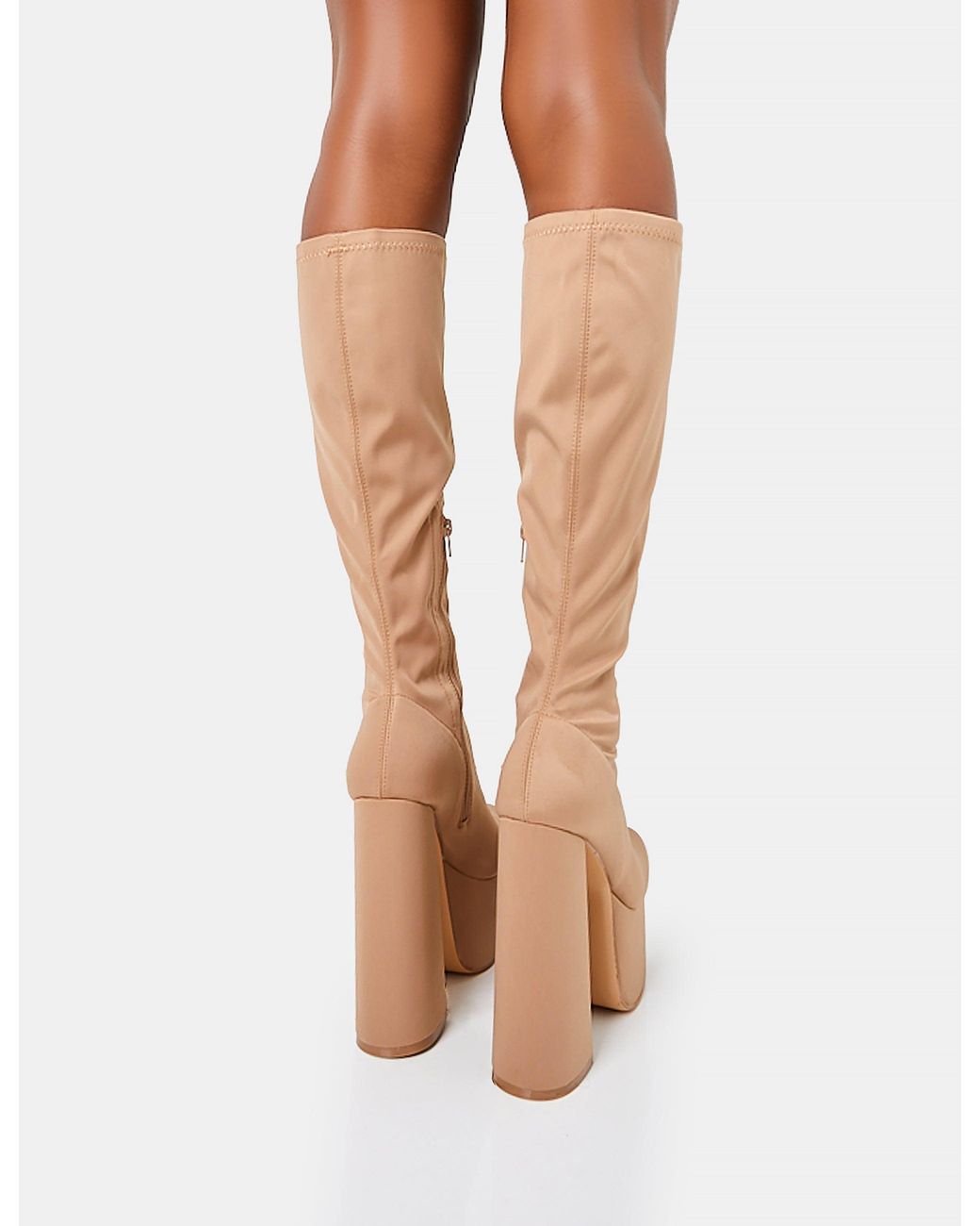 Public Desire Multicolor Polished Taupe Nylon Platform Rounded Block Heeled Knee High Boots