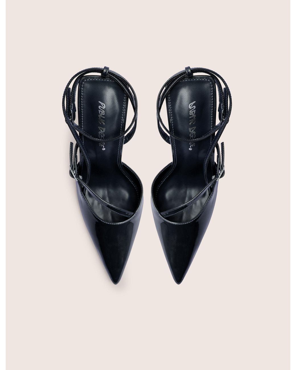 Public Desire Natural Idol Navy Patent Buckle Strappy Detail Stiletto Court High Heels