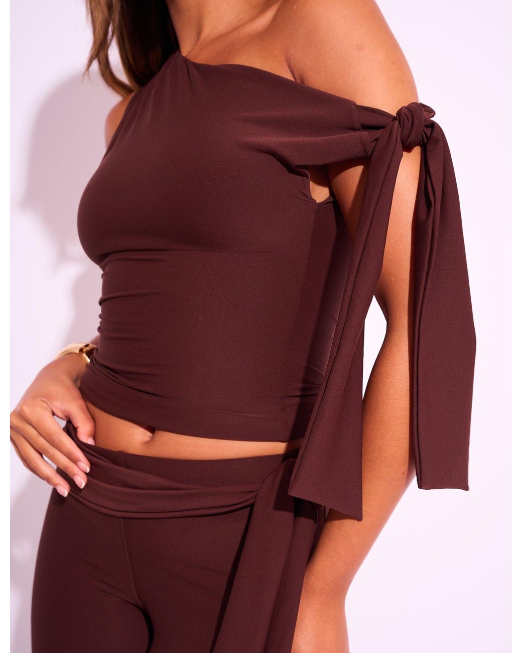 Public Desire Red Knot Detail Asymmetric One Shoulder Luxe Slinky Top Chocolate
