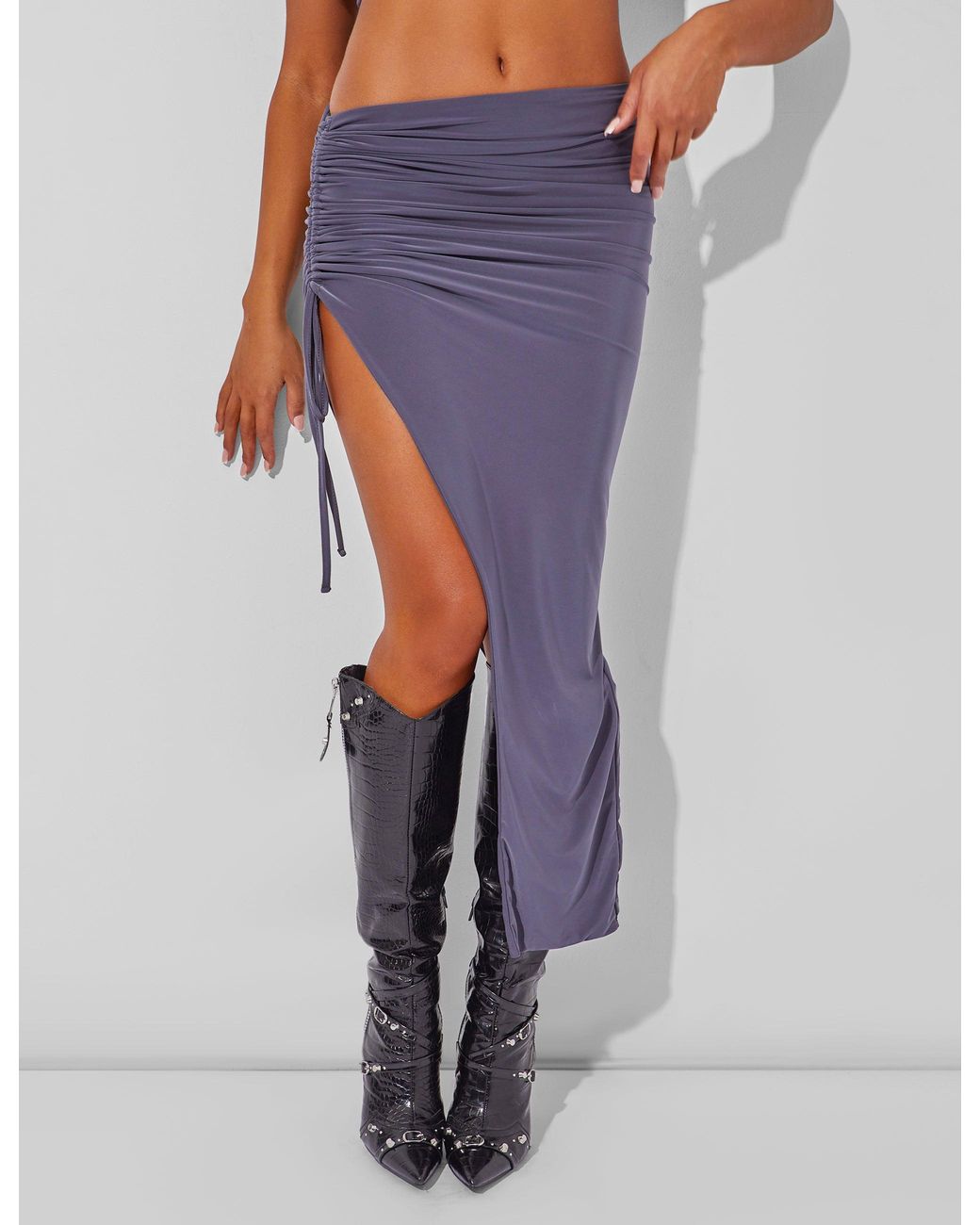 Public Desire White Slinky Ruched Side Maxi Skirt Charcoal Grey