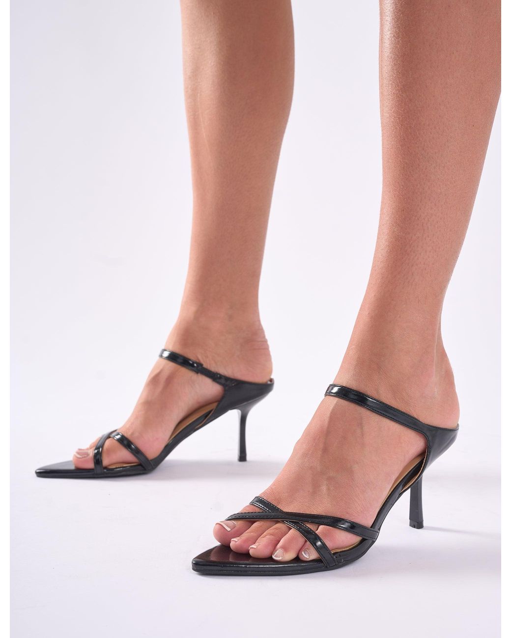 Public Desire Multicolor Melys Black Pu Pointed Toe Cross Strap Mid Heels