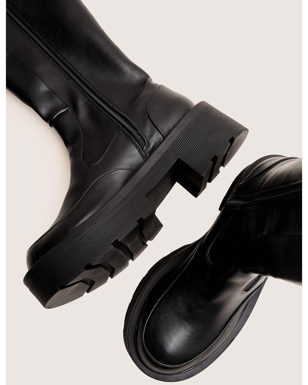 Public Desire Evergreen Black Knee High Elasticated Detail Chunky Heeled Sole Boots