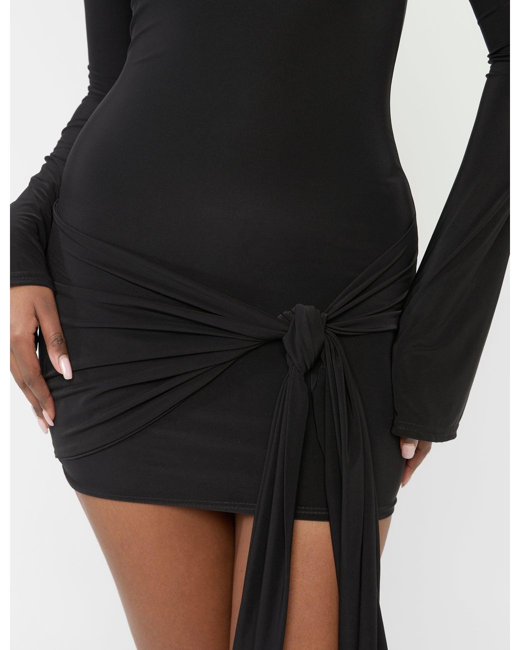 Public Desire Knot Drape Detail Slinky Long Sleeve Mini Dress Black