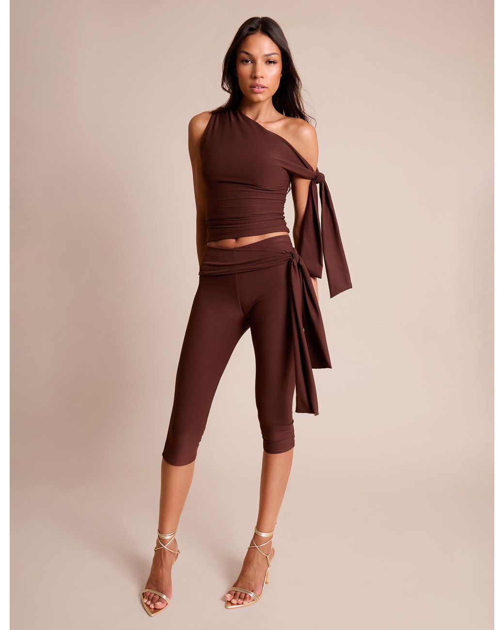 Public Desire Red Knot Detail Asymmetric One Shoulder Luxe Slinky Top Chocolate